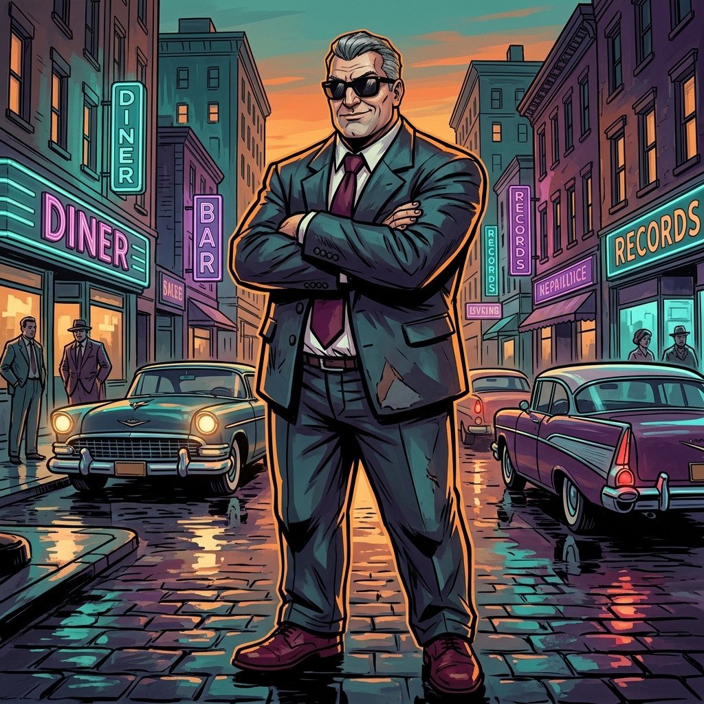 The Heavy with arms crossed in front of a diner